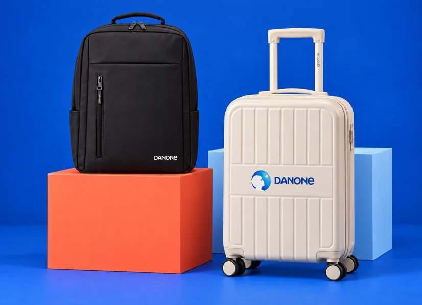 Kit de viagem Danone pela Gocase: mochila e mala de bordo com o logo