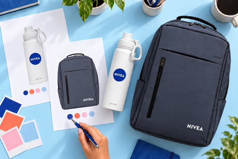 Mockup do kit Nivea ao lado da garrafa e da mochila prontas